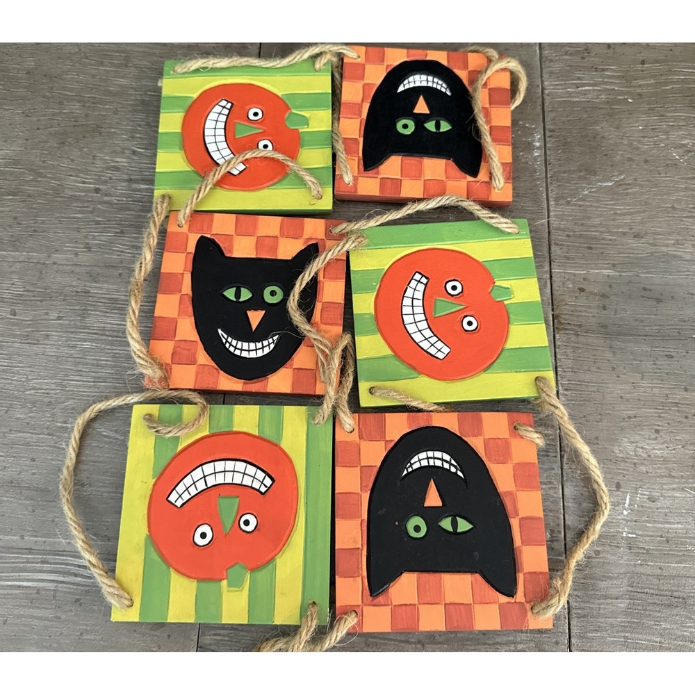 Halloween Wooden Garland Banner Black Cats Jack O Lantern Pumpkins